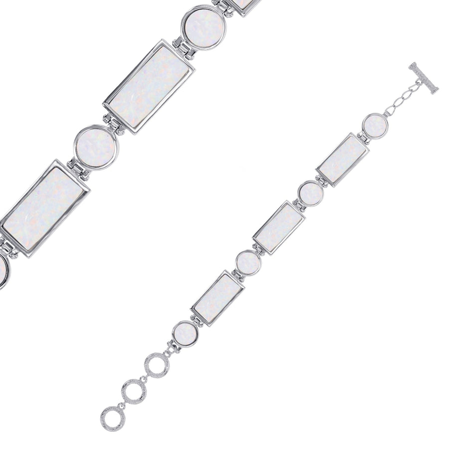 Sterling Silver Created White Opal Rectangle and Circle Link Toggle Bracelet Image 1