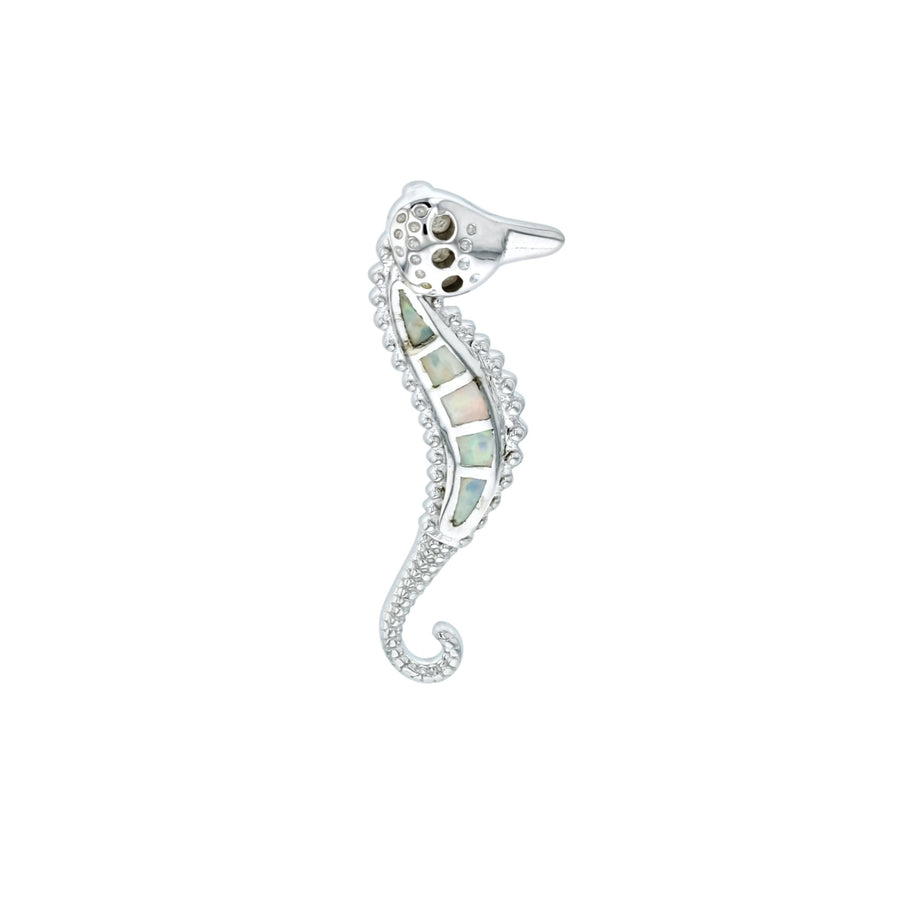 Sterling Silver Created White Opal Seahorse Pendant Image 1