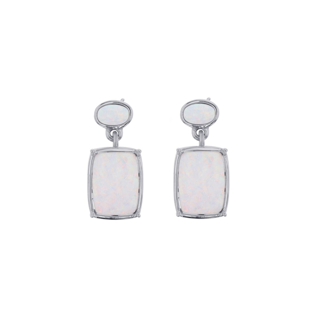 Sterling Silver Created White Opal Rectangle and Oval Drop Earrings Image 1