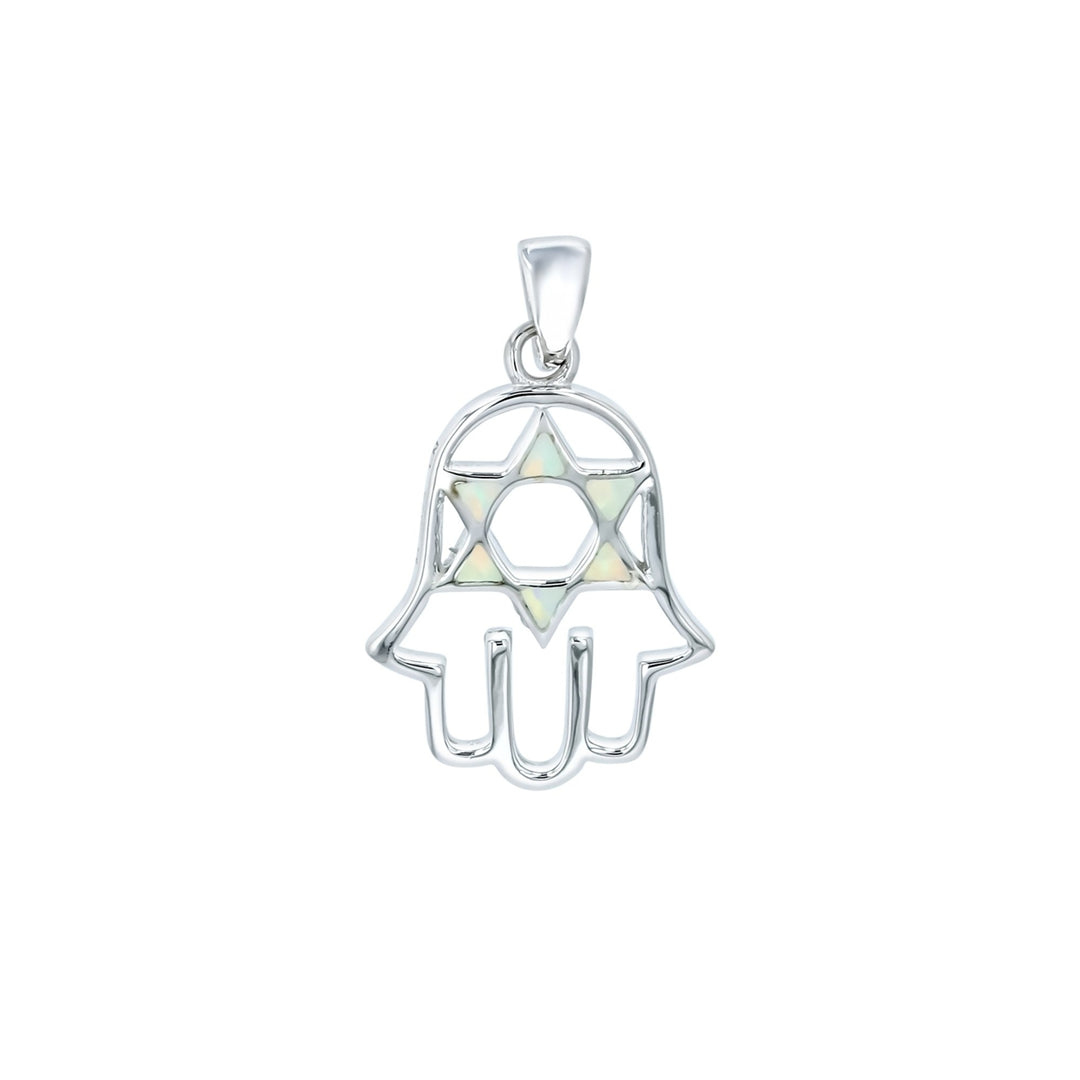 Sterling Silver Created White Opal Star of David in Hamsa Hand Pendant Image 1