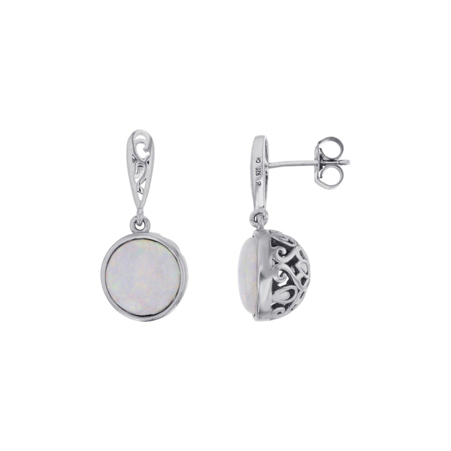 Sterling Silver Created White Opal Round Dome Filigree Back Earrings Image 1