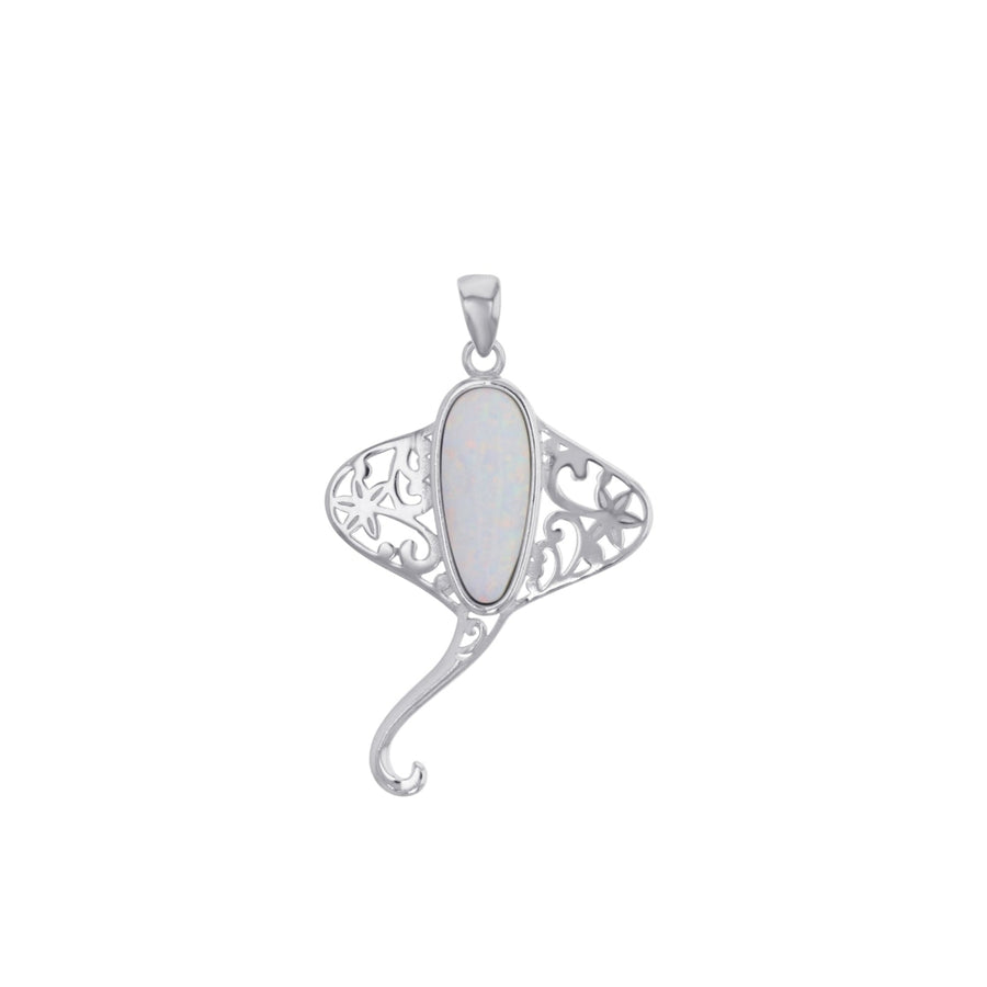 Sterling Silver Created White Opal Stingray with Floral Pattern Pendant Image 1