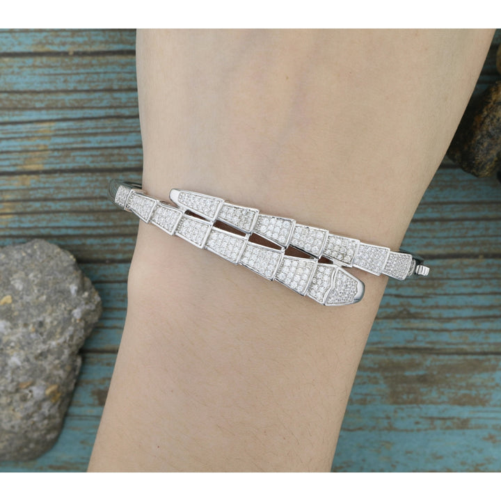 Sterling Silver Crossover Pattern  CZ Bangle Bracelet Image 3