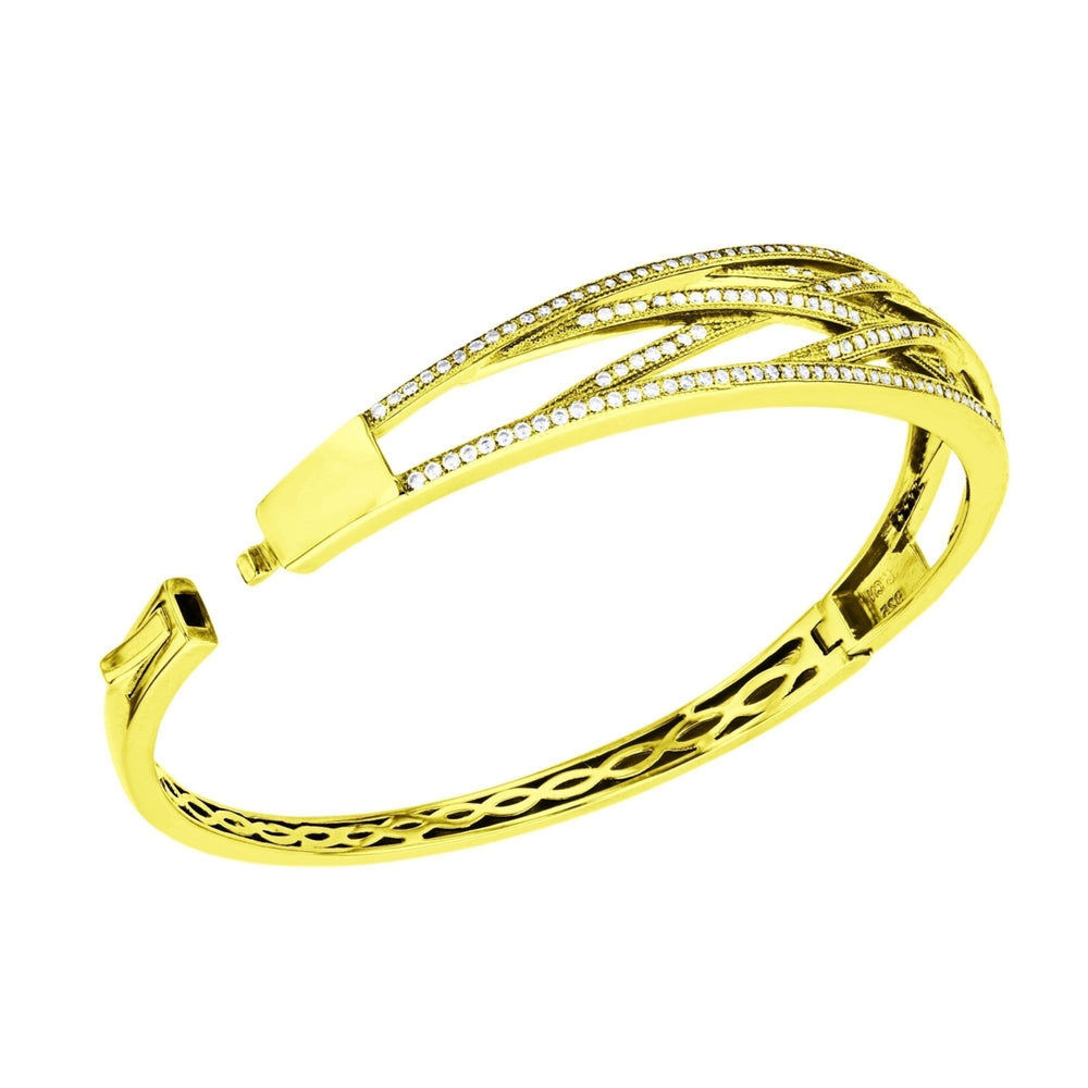 Sterling Silver Gold Plated Criss Cross CZ Bangle Bracelet Image 2