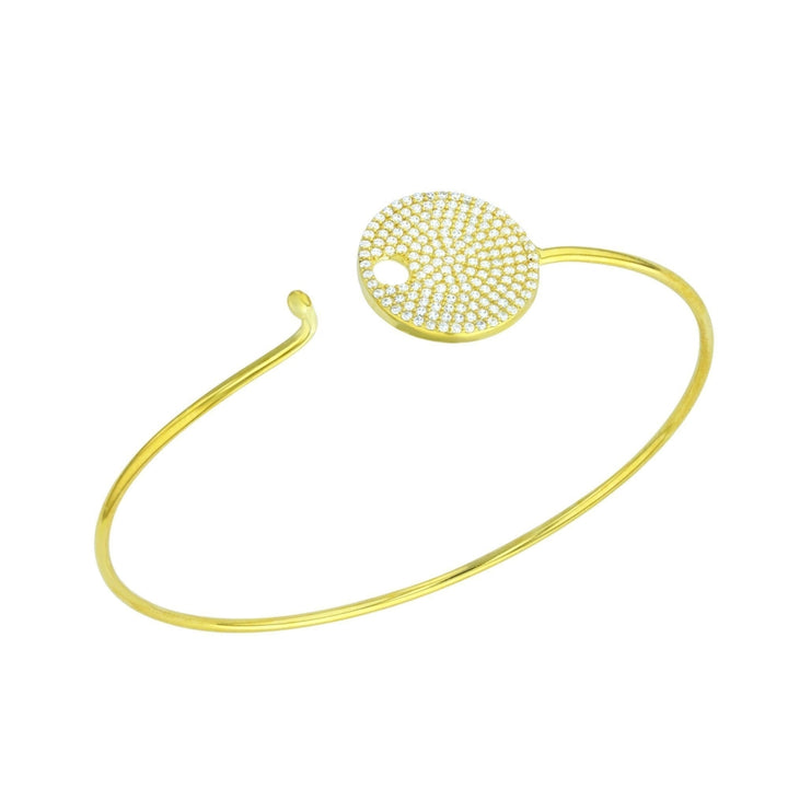 Sterling Silver Gold Plated Round Disc Pave CZ Bangle Bracelet Image 2