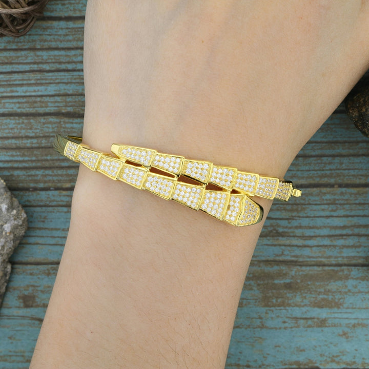 Sterling Silver Gold Plated Crossover Pattern  CZ Bangle Bracelet Image 3