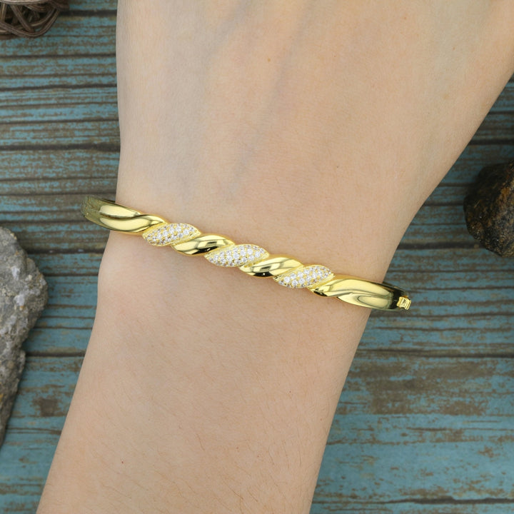 Sterling Silver Gold Plated Twist CZ Bangle Bracelet Image 3