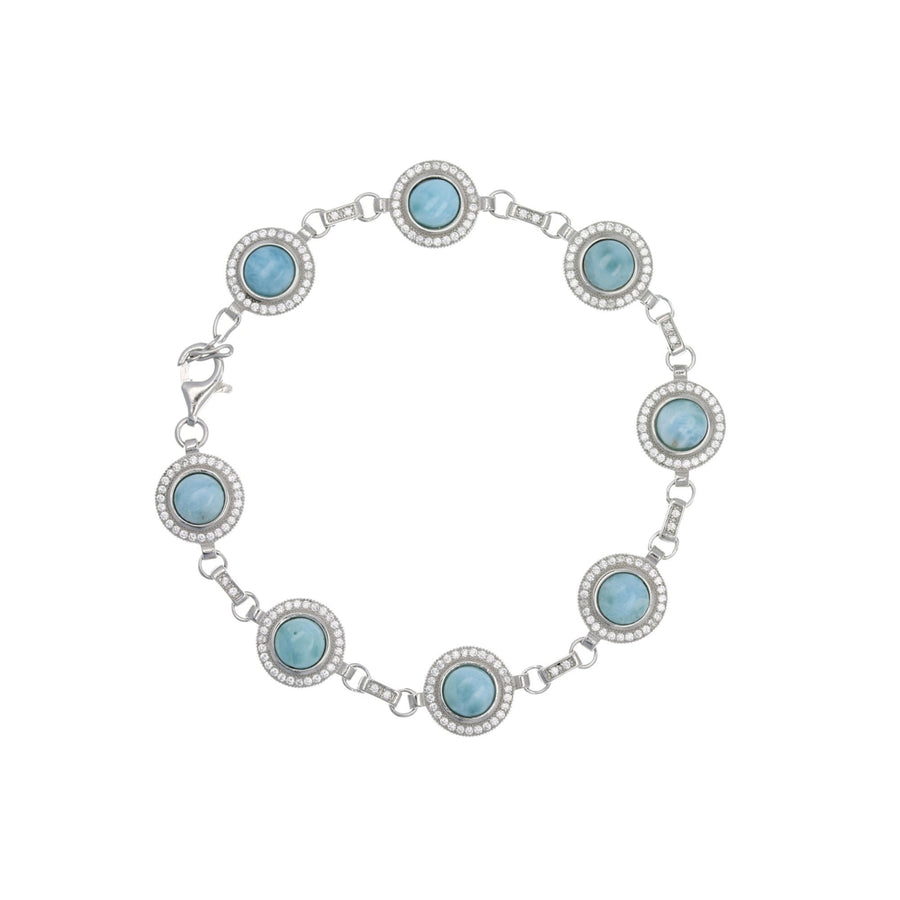 Sterling Silver Natural Larimar Round CZ Halo Link Bracelet Image 1