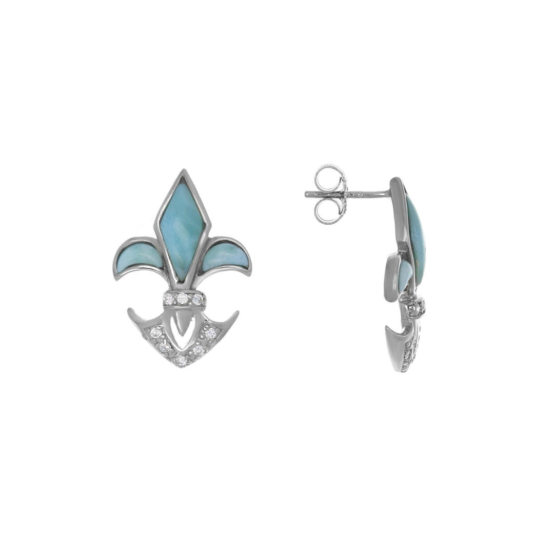 Sterling Silver Natural Larimar Fleur De Lis CZ Post Earrings Image 1