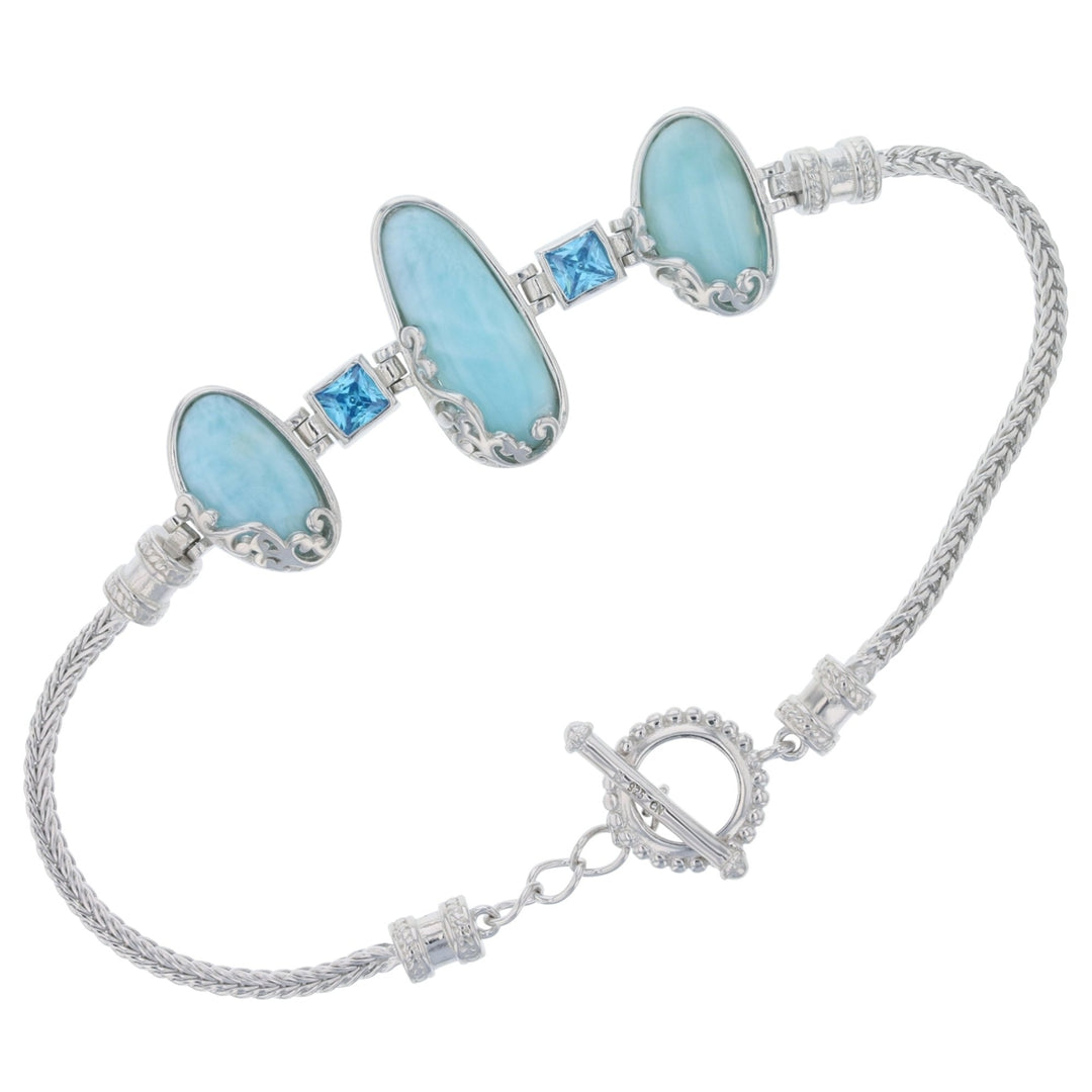 Sterling Silver Natural Larimar in Design Frame with Aqua CZ Toggle Bracelet Image 1