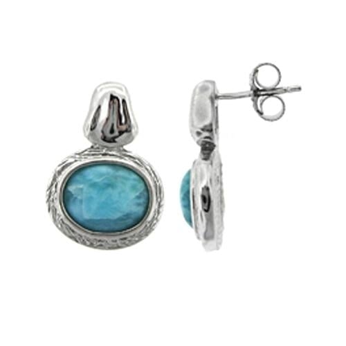 Sterling Silver Natural Larimar Oval Drop Post Earrings Image 1