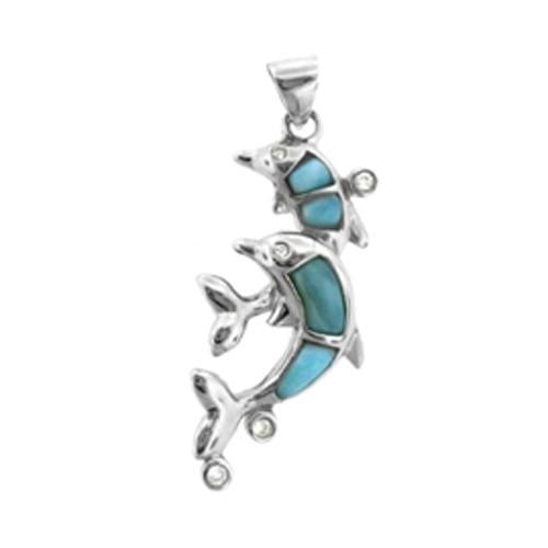 Sterling Silver Natural Larimar Double Dolphin Pendant Image 1