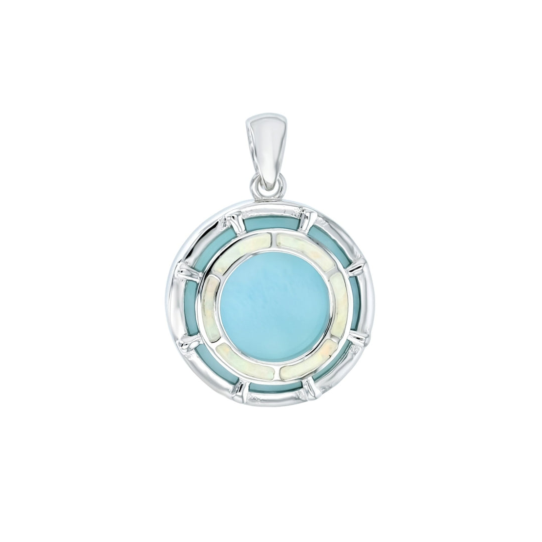 Sterling Silver Natural Larimar and Created White Opal Ships Wheel Pendant Image 1