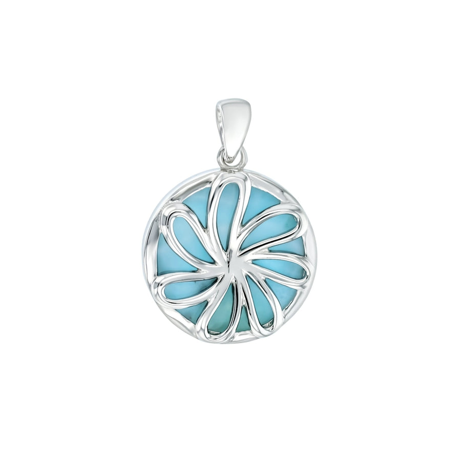 Sterling Silver Natural Larimar Cutout Flower in Circle Pendant Image 1