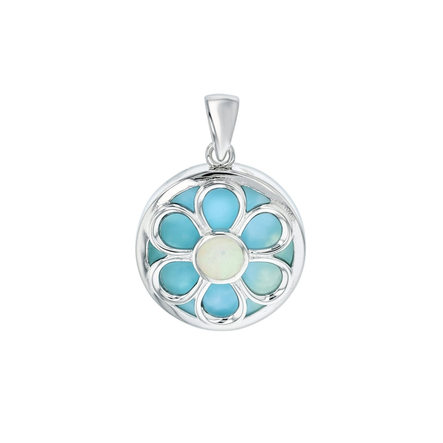 Sterling Silver Natural Larimar and Created White Opal Flower Pendant Image 1