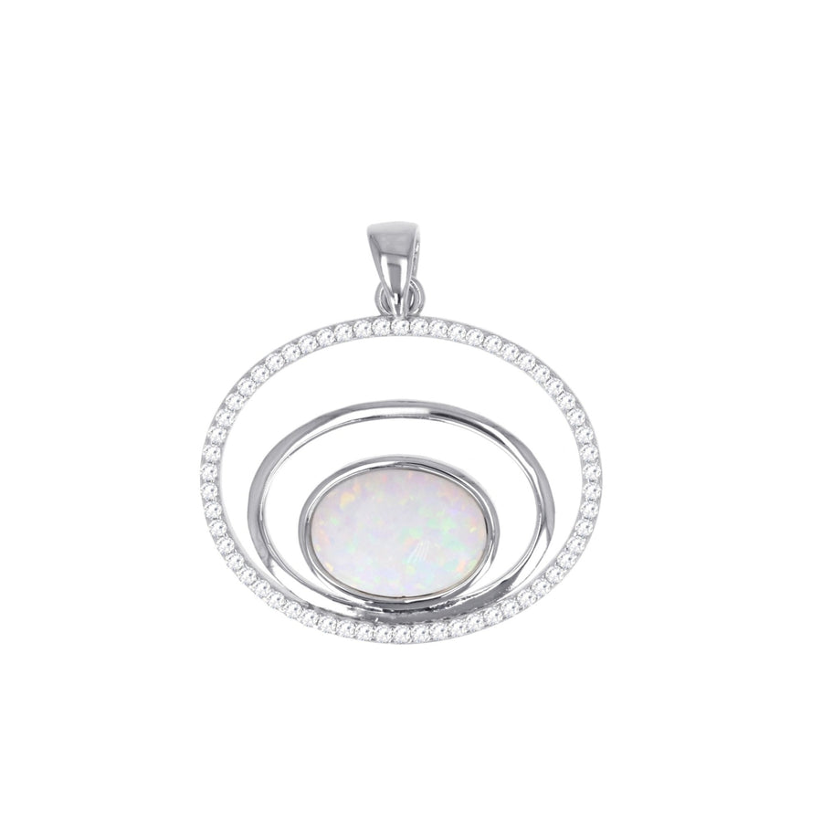 Sterling Silver Multi Line Plain and CZ Created White Opal Oval Pendant Image 1