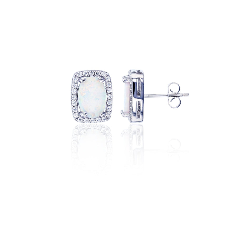 Sterling Silver Oval Created White Opal In Rectangular CZ Halo Post Earrings Image 1