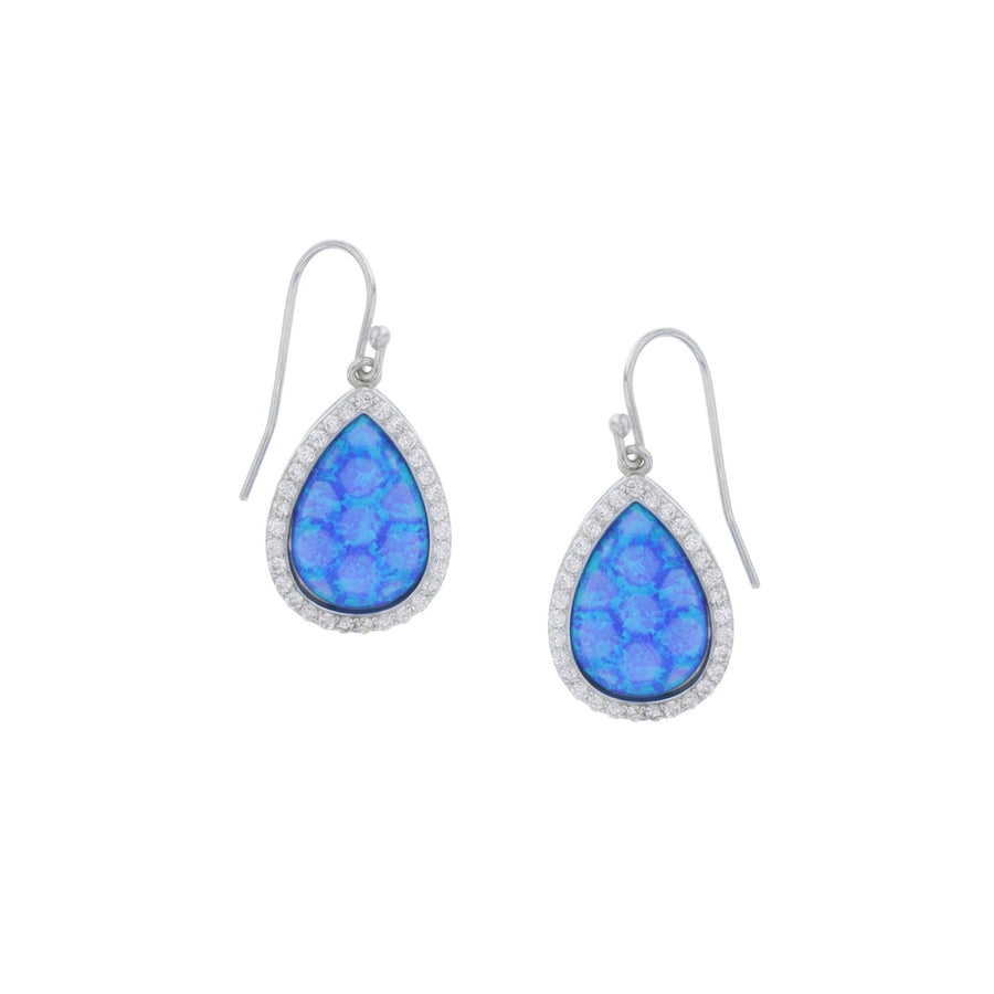 Sterling Silver Rhodium Plated Created Blue Opal Teardrop Halo CZ Earrings Image 1