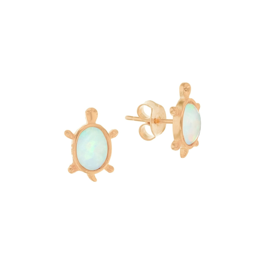 Sterling Silver Rose Gold Plated Created White Opal Turtle Earrings Image 1