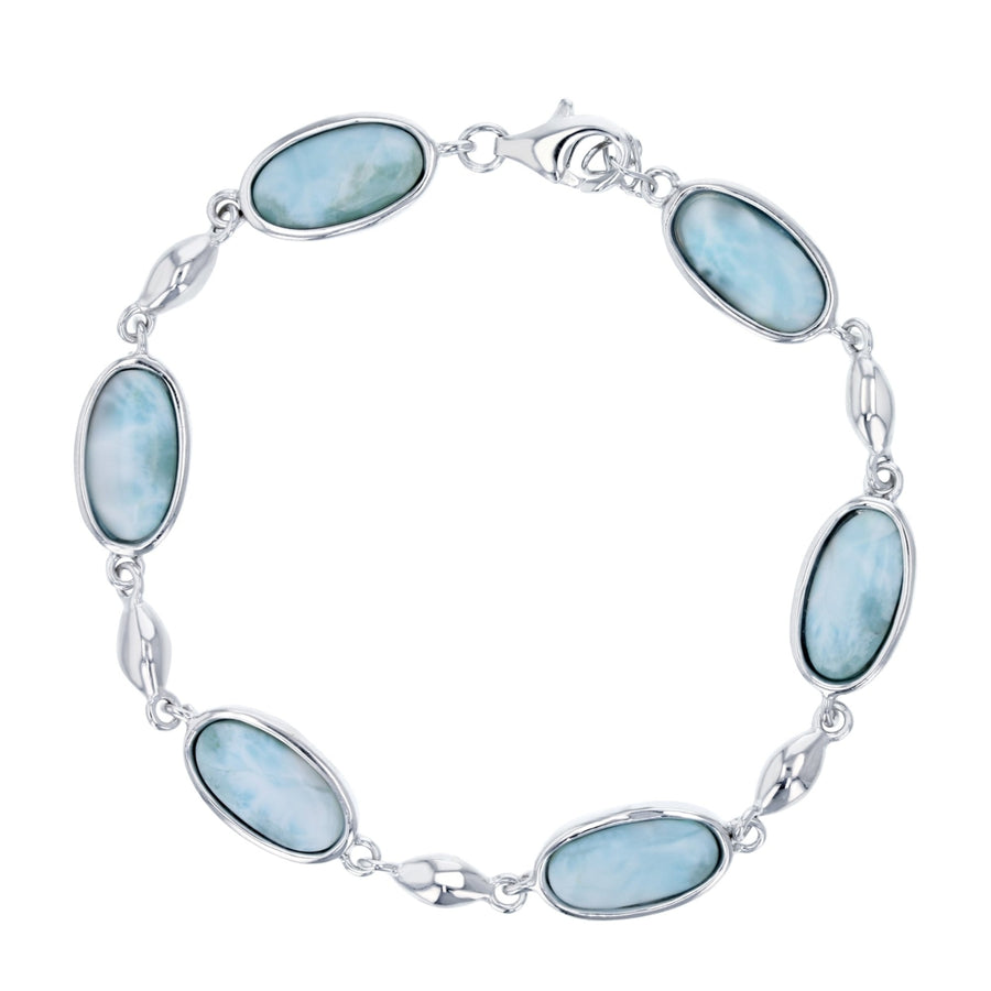 Sterling Silver Oval Natural Larimar with Marquise Bead Link Bracelet Image 1