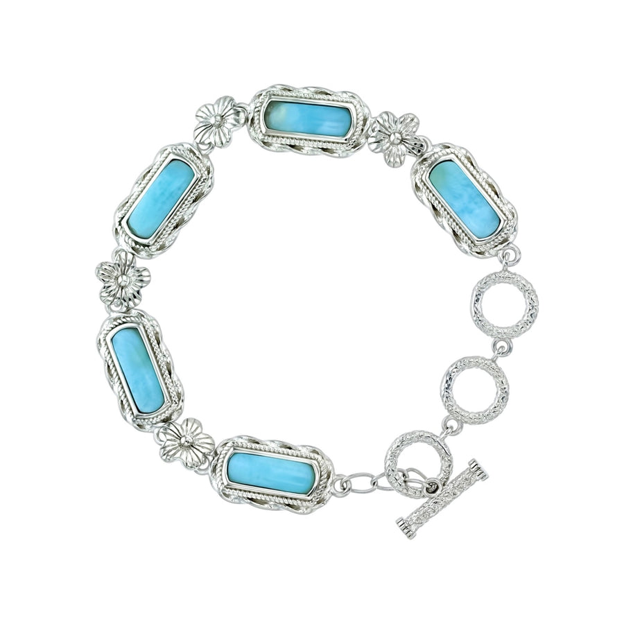 Sterling Silver Rectangle Natural Larimar and Flowers Toggle Bracelet Image 1