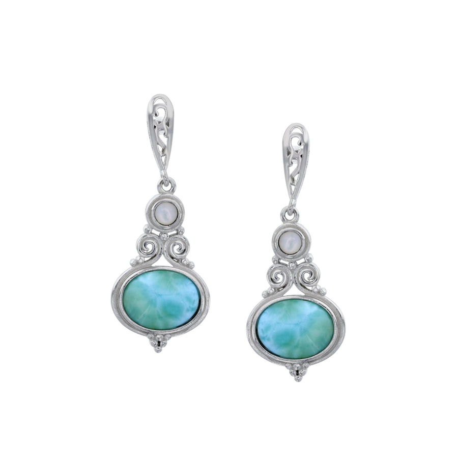 Sterling Silver Oval Natural Larimar and Round MOP Vintage Drop Earrings Image 1