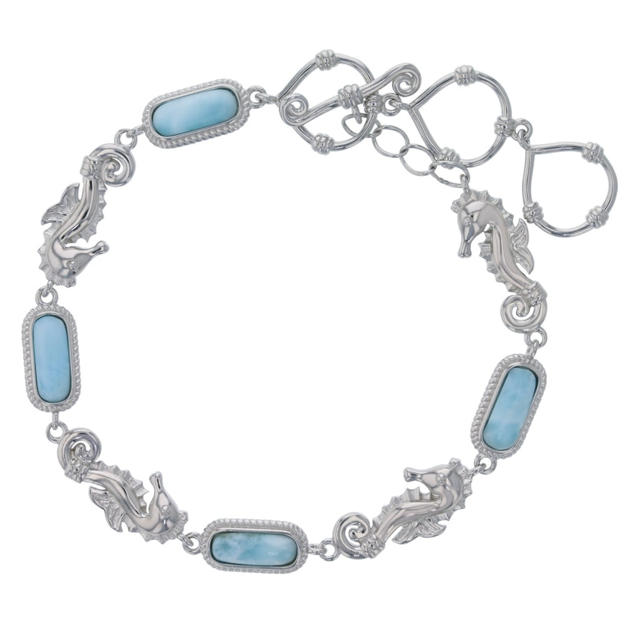 Sterling Silver Oval Natural Larimar and Seahorse Toggle Bracelet Image 1