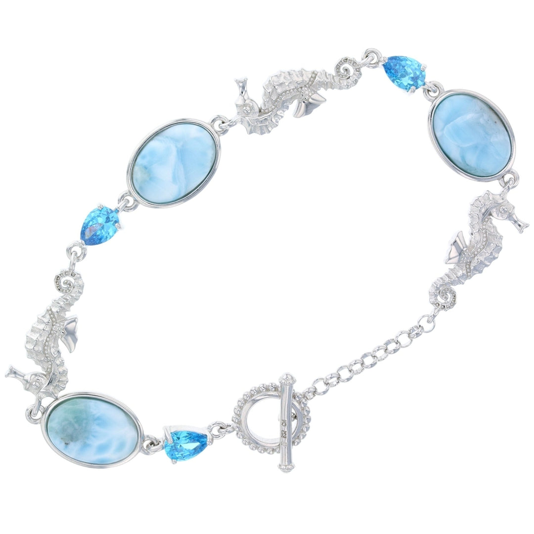 Sterling Silver Oval Natural LarimarSeahorse and Aqua CZ Toggle Bracelet Image 1