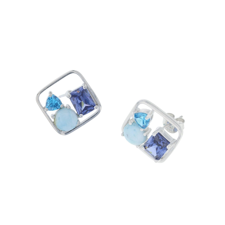 Sterling Silver Natural Larimar with Tanzanite CZ and Aqua CZ Post Earrings Image 1