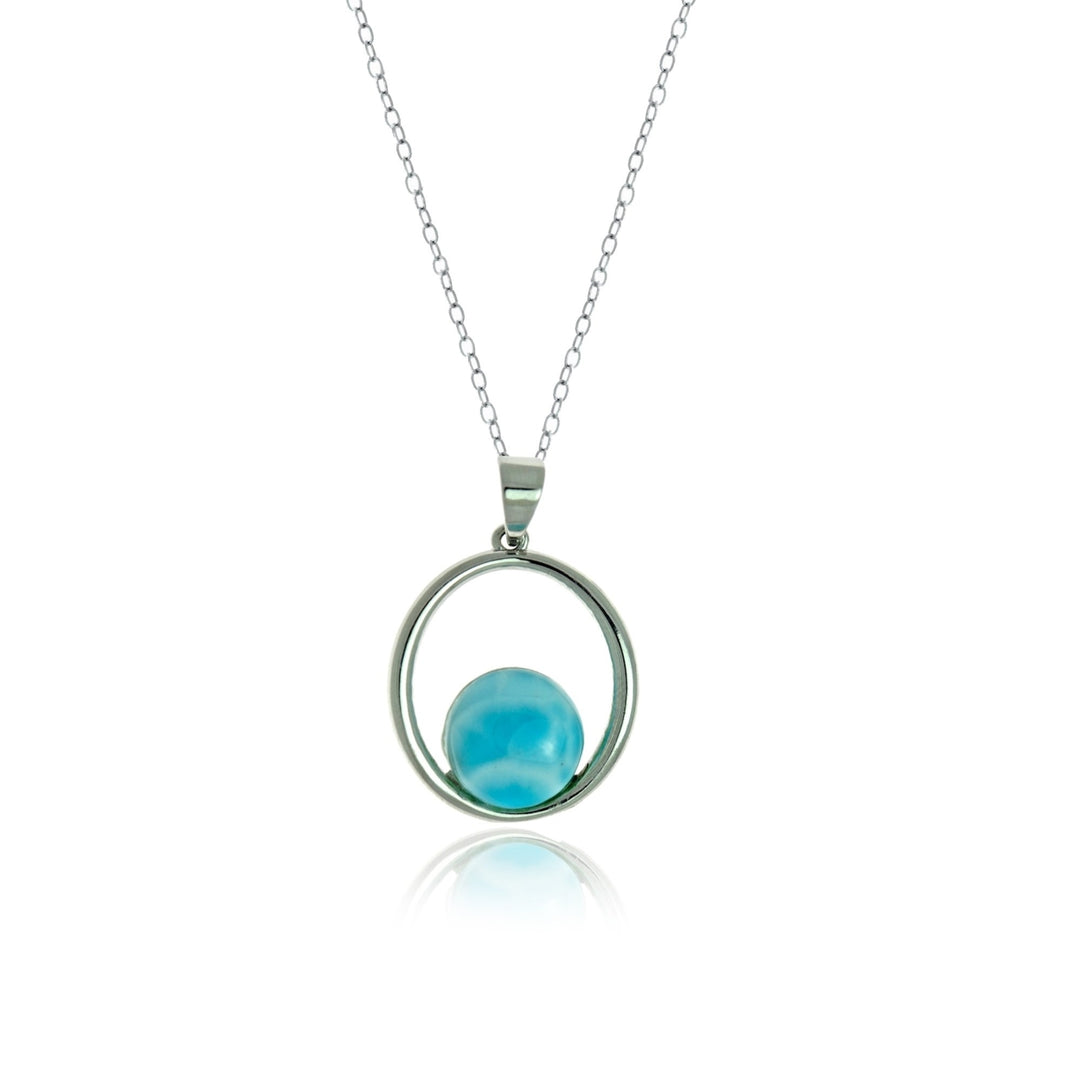 Sterling Silver Round Natural Larimar In Open Circle Pendant Image 1