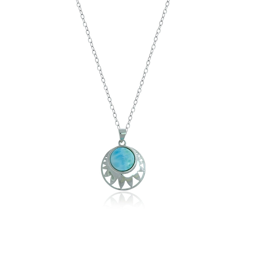 Sterling Silver Round Natural Larimar Flower Pendant Image 1