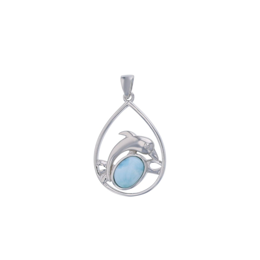 Sterling Silver Oval Natural Larimar and Dolphin Teardrop Pendant Image 1