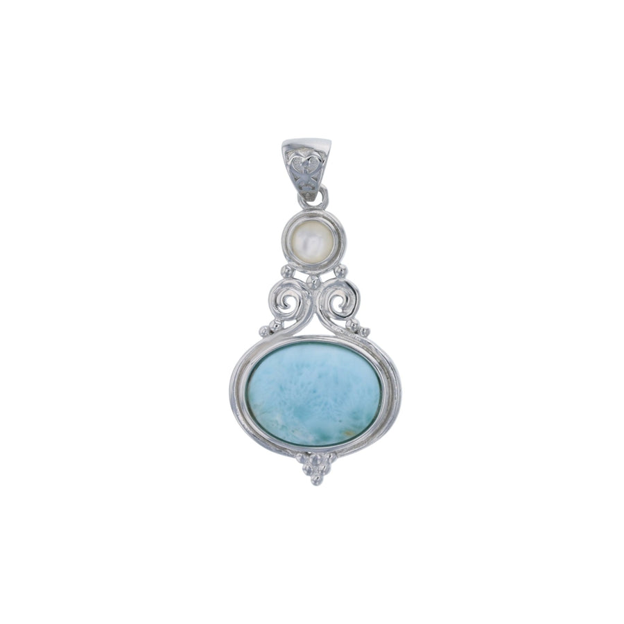 Sterling Silver Oval Natural Larimar and MOP Pendant Image 1