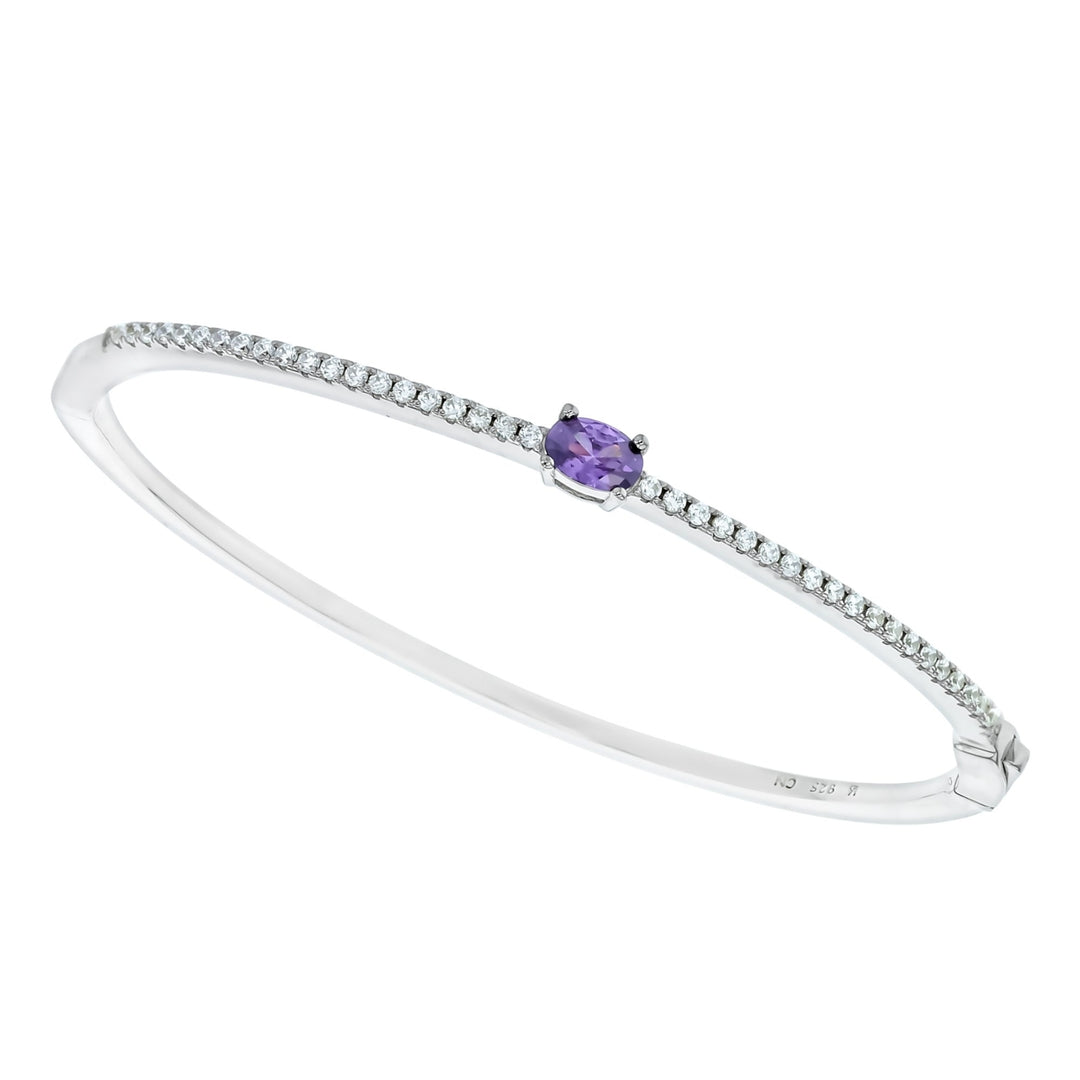 Sterling Silver Oval Amethyst CZ Single Row Bangle Bracelet Image 1