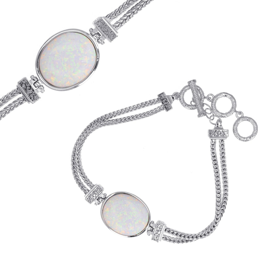 Sterling Silver Oval Created White Opal Double Strand Toggle Bracelet Image 1