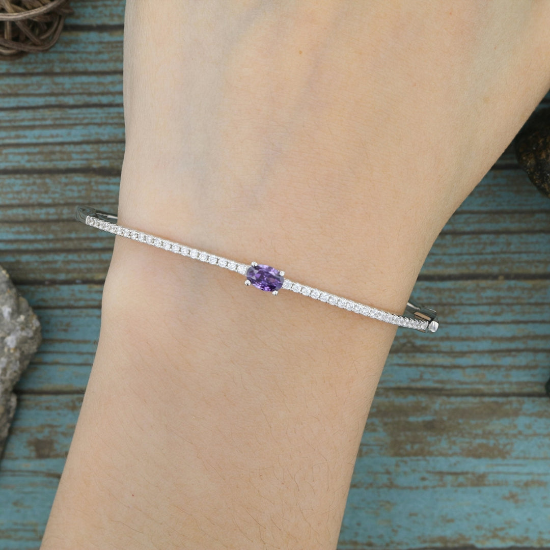 Sterling Silver Oval Amethyst CZ Single Row Bangle Bracelet Image 3