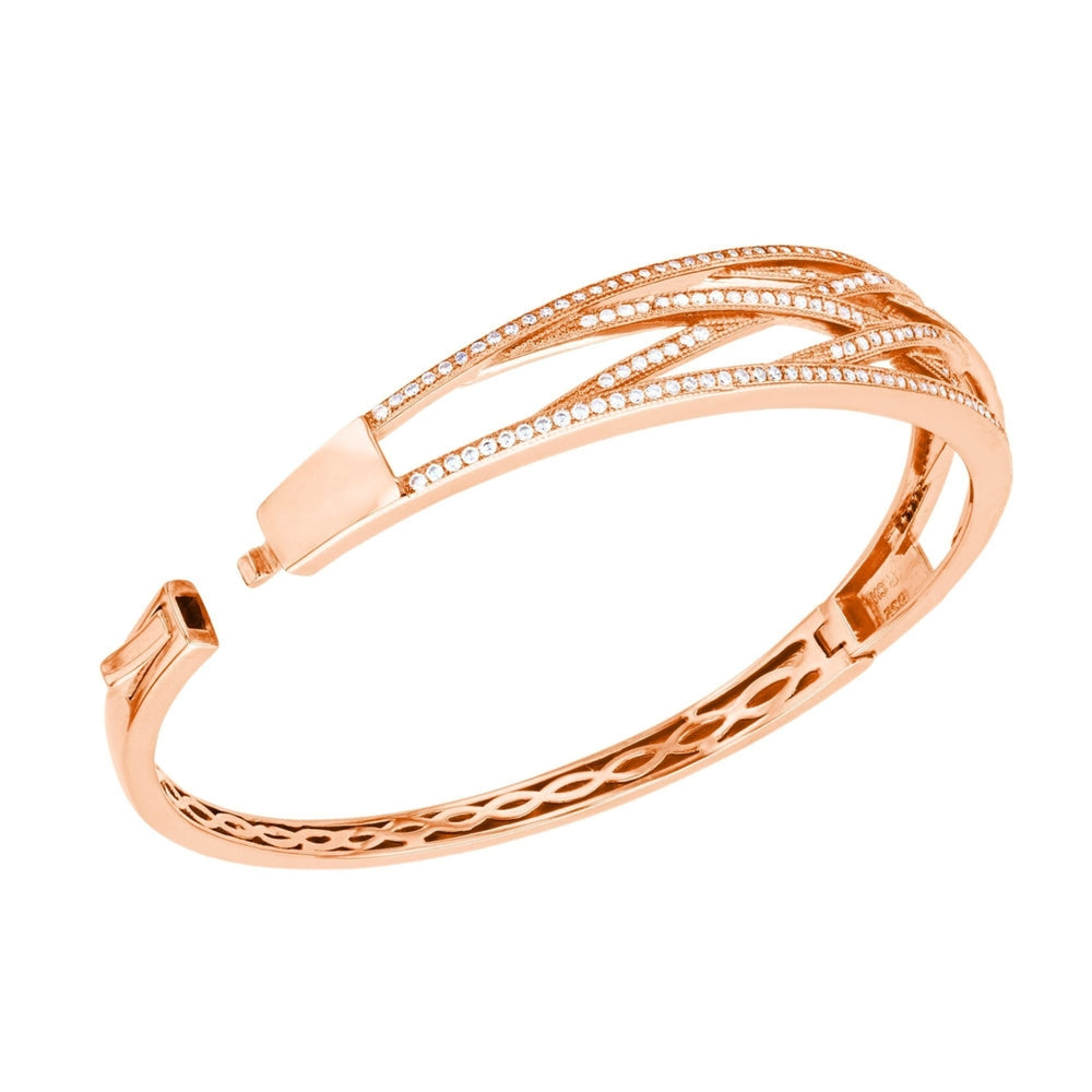 Sterling Silver Rose Gold Plated Criss Cross CZ Bangle Bracelet Image 2