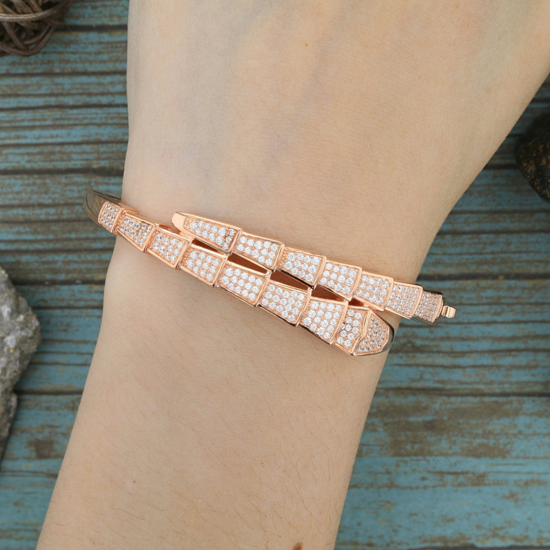 Sterling Silver Rose Gold Plated Crossover Pattern  CZ Bangle Bracelet Image 3