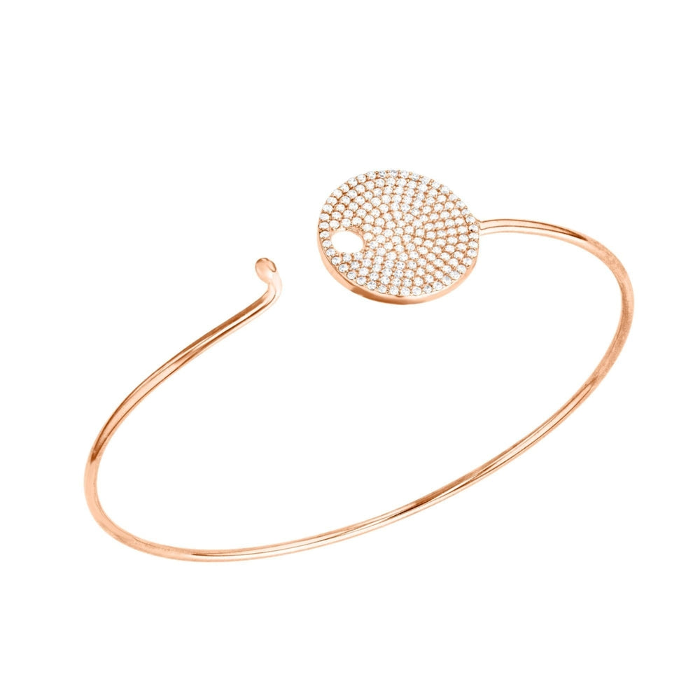 Sterling Silver Rose Gold Plated Round Disc Pave CZ Bangle Bracelet Image 2