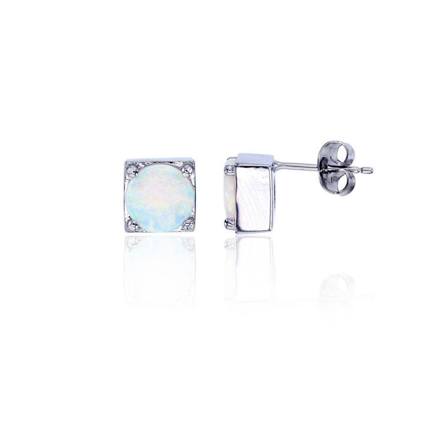 Sterling Silver Round 7.5mm Created White Opal Square Post Earrings. Image 1