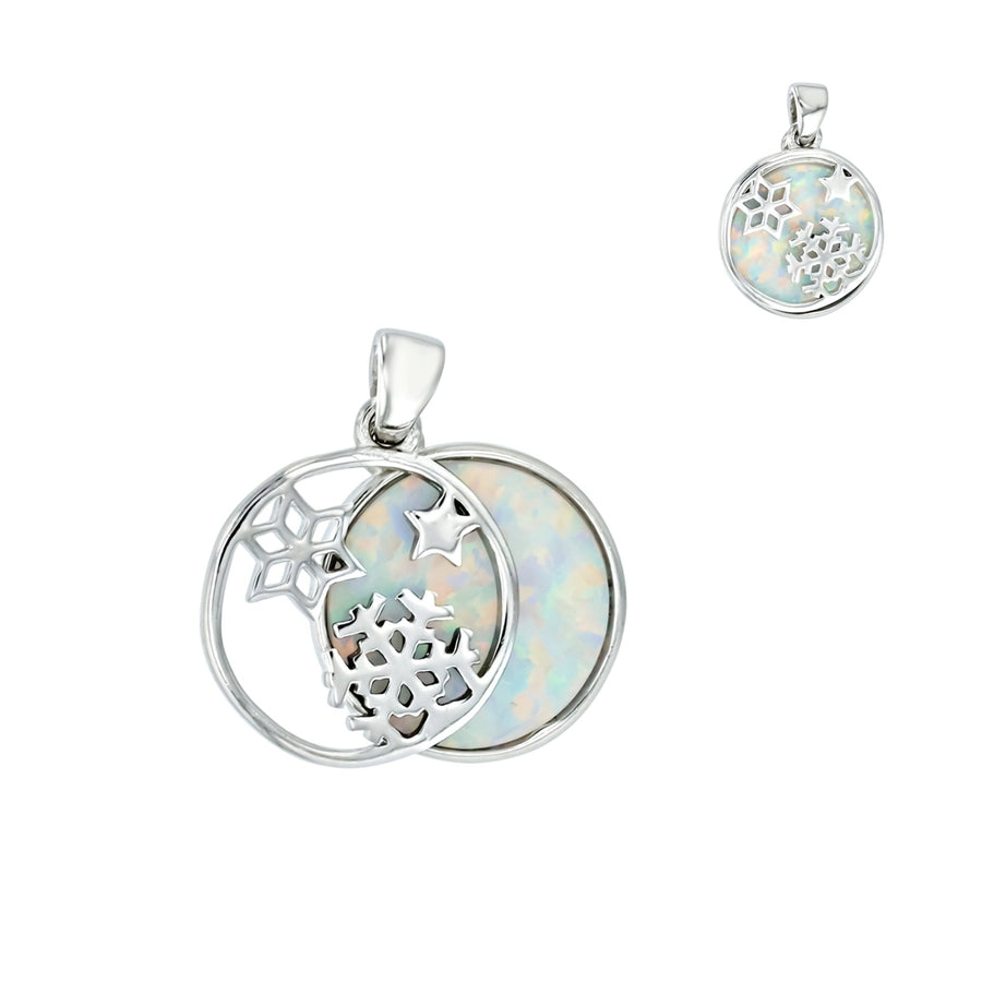 Sterling Silver Star and Snowflake Cutout Disc Overlay on Created White Opal Pendant Image 1