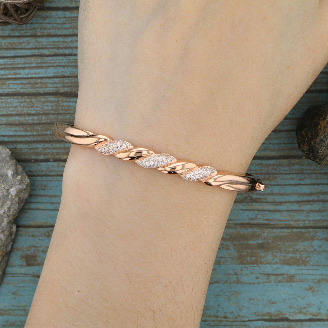 Sterling Silver Rose Gold Plated Twist CZ Bangle Bracelet Image 3