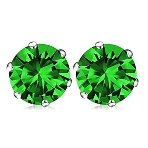 Unisex/Womens Prong Set Cubic Zirconia Stud Gold Filled High Polish Finsh Stainless Steel Earrings (8mm) - White/Greens Image 1