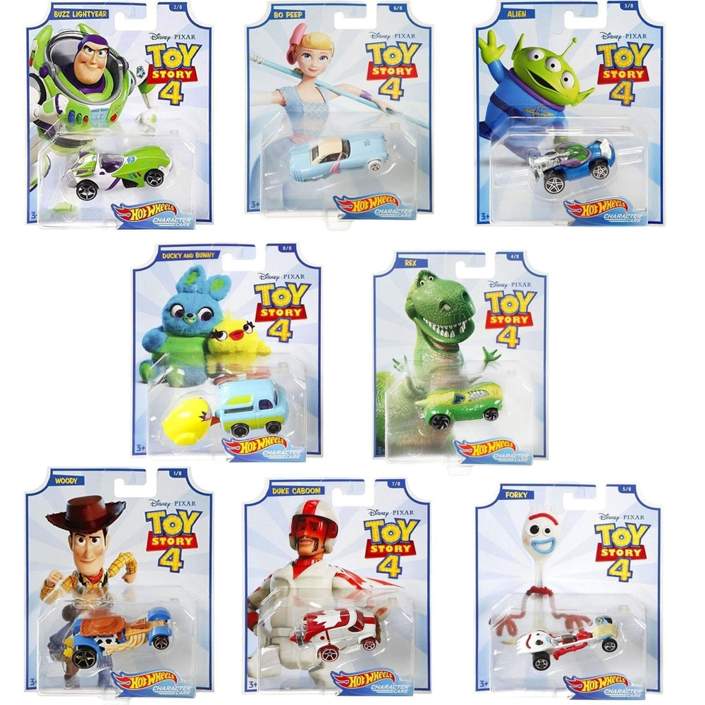 Hot Wheels Toy Story 4 Character Cars 8ct Set Disney Woody Buzz Rex Duke Peep Mattel Image 2