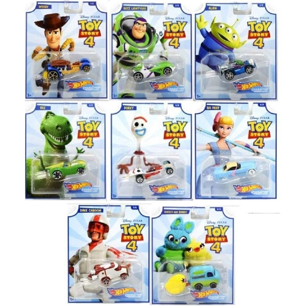 Hot Wheels Toy Story 4 Character Cars 8ct Set Disney Woody Buzz Rex Duke Peep Mattel Image 3