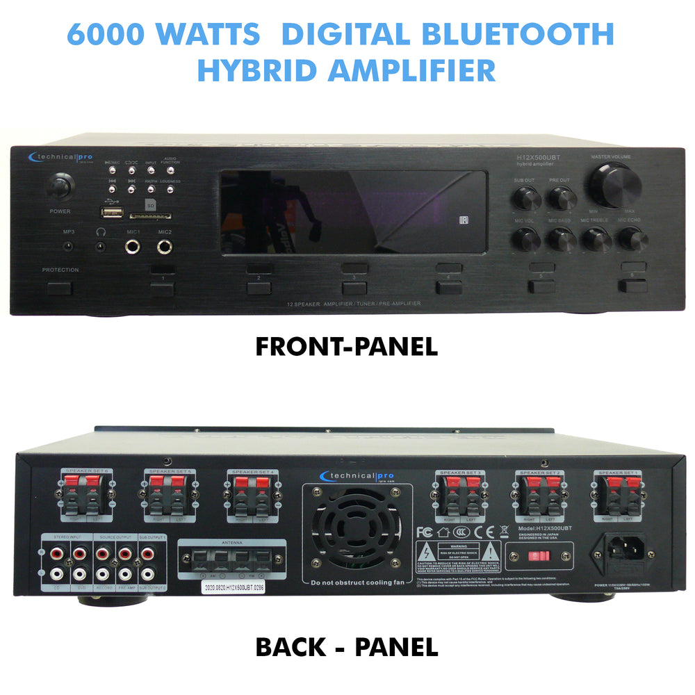 Technical Pro 6 Zone 6000 Watts Digital Bluetooth Hybrid Amplifier Preamp Tuner w/ Speaker USB and SD Card Output2 Mic Image 2