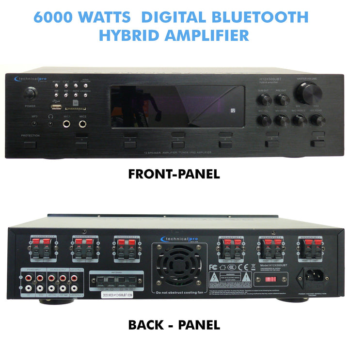 Technical Pro 6000W 6 Zone Bluetooth Hybrid Amplifier Preamp Tuner with Mic Inputs Image 2