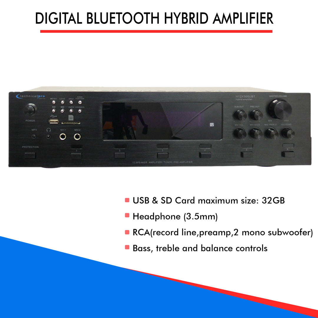 Technical Pro 6000W 6 Zone Bluetooth Hybrid Amplifier Preamp Tuner with Mic Inputs Image 4