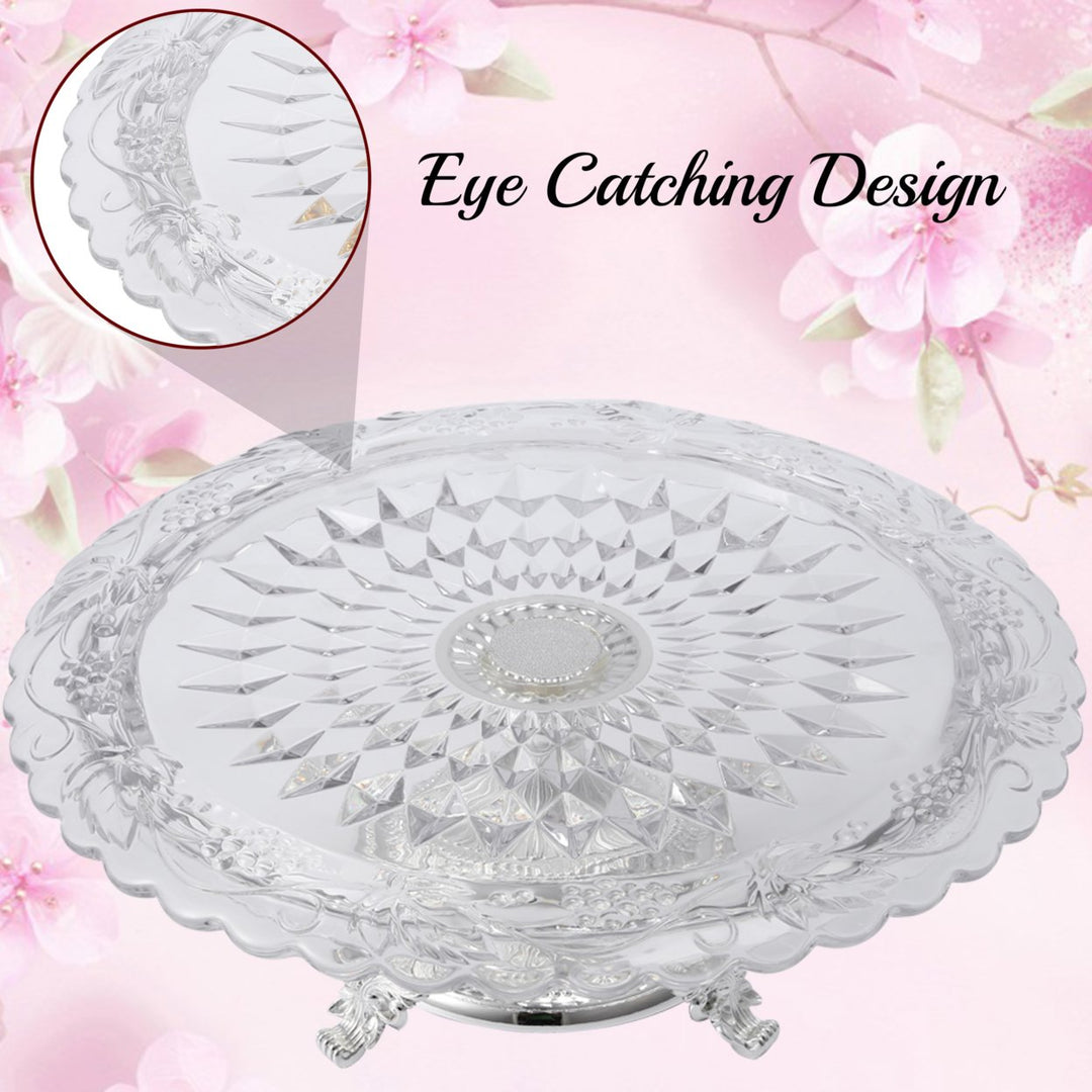 Matashi Glass Etched Cake Plate Centerpiece Round Serving Platter w Silver Plated Pedestal Base for Weddings Parties Image 4