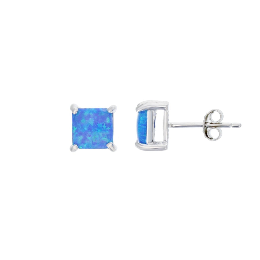 Sterling Silver Created Blue Opal 4 mm Square Prong Set Stud Earrings Image 1